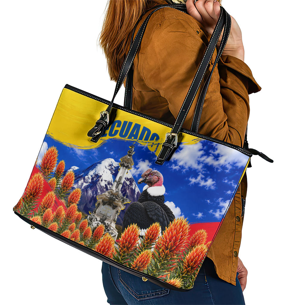 Ecuador Independence Day Leather Tote Bag Patriotic Andean Condor Monument And Mountain