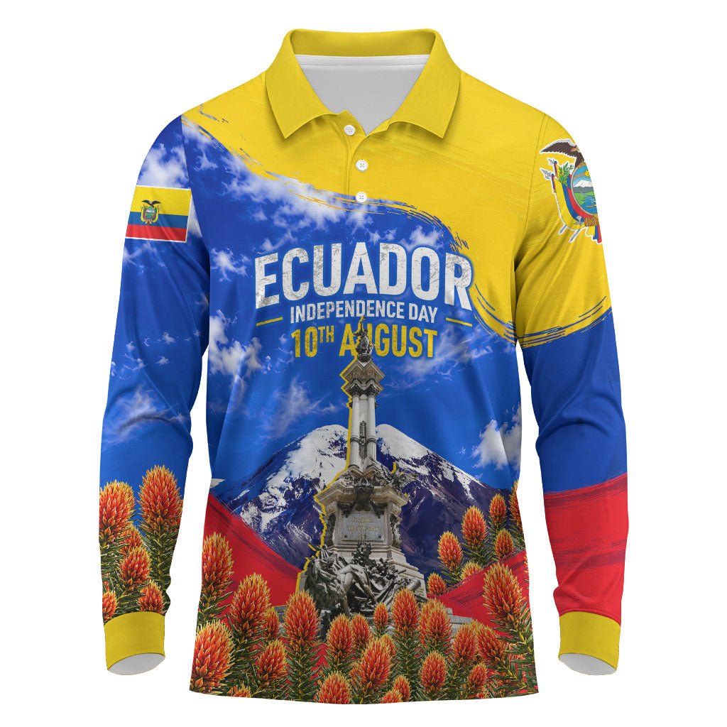 Ecuador Independence Day Long Sleeve Polo Shirt Patriotic Andean Condor Monument And Mountain