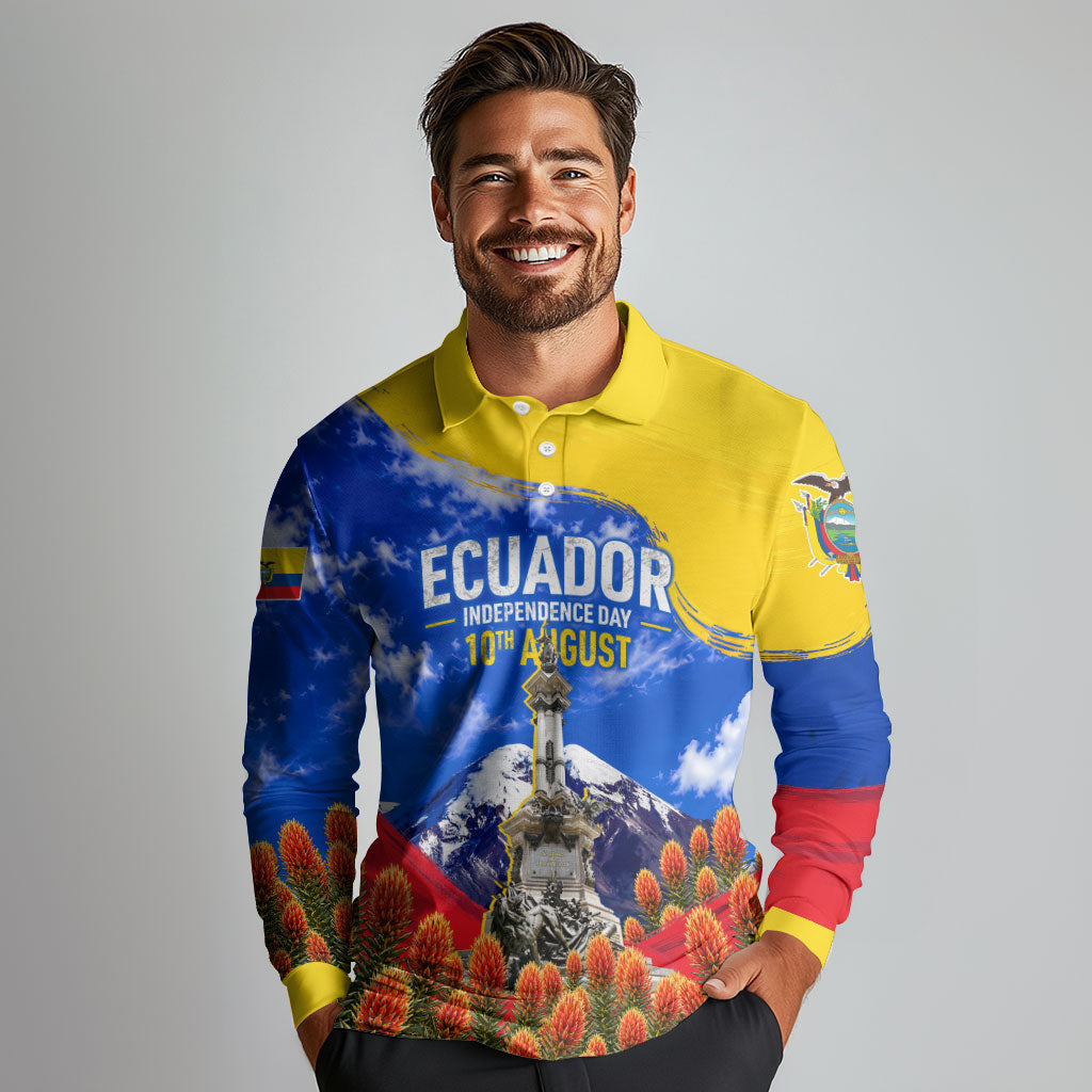 Ecuador Independence Day Long Sleeve Polo Shirt Patriotic Andean Condor Monument And Mountain
