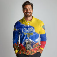 Ecuador Independence Day Long Sleeve Polo Shirt Patriotic Andean Condor Monument And Mountain
