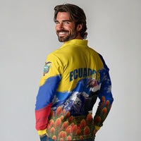 Ecuador Independence Day Long Sleeve Polo Shirt Patriotic Andean Condor Monument And Mountain