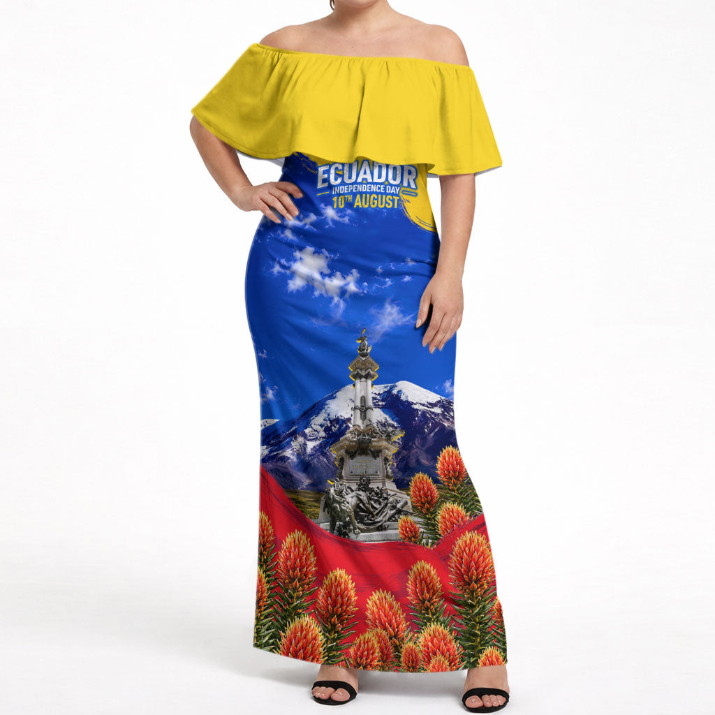 Ecuador Independence Day Off Shoulder Maxi Dress Patriotic Andean Condor Monument And Mountain