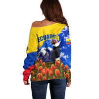 Ecuador Independence Day Off Shoulder Sweater Patriotic Andean Condor Monument And Mountain