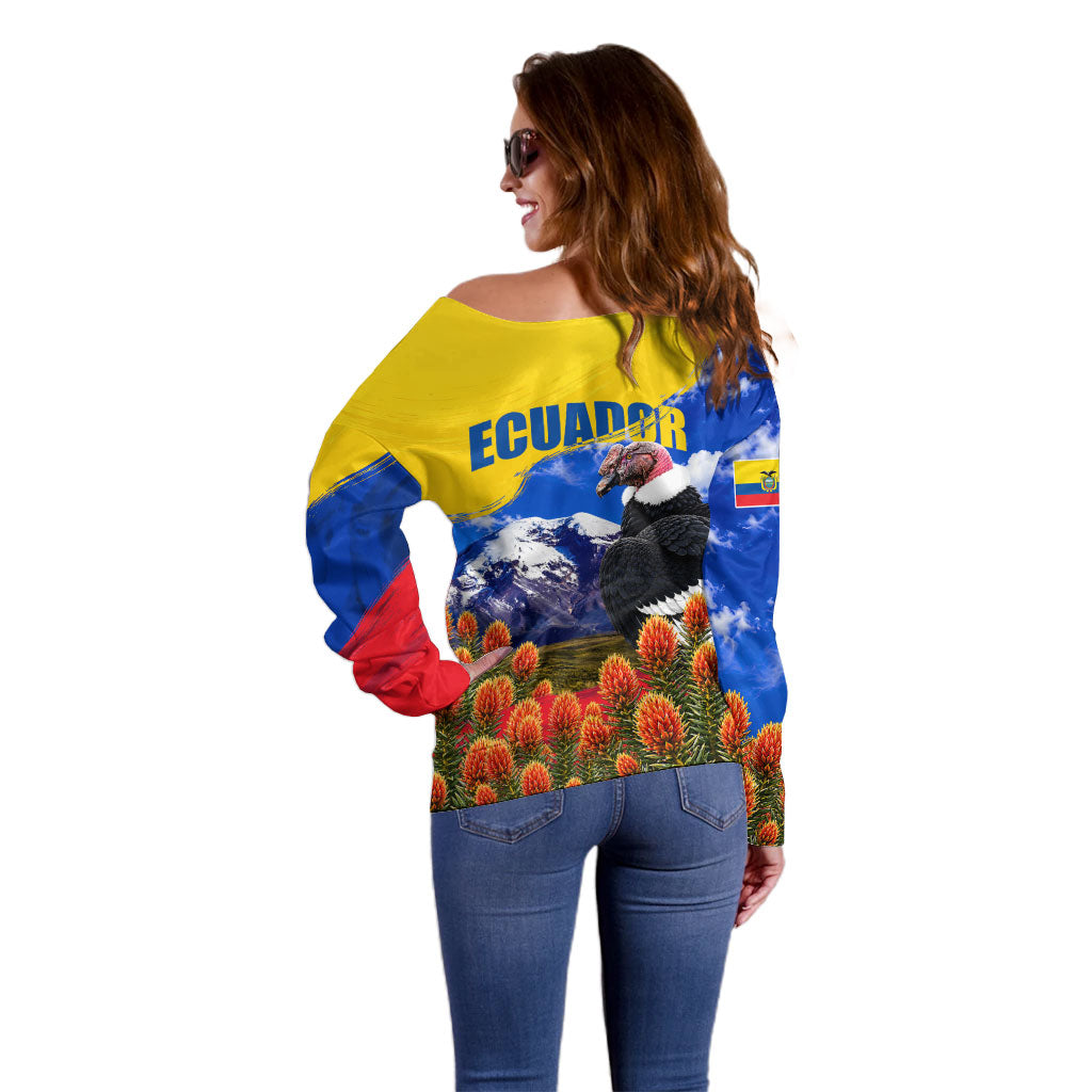 Ecuador Independence Day Off Shoulder Sweater Patriotic Andean Condor Monument And Mountain