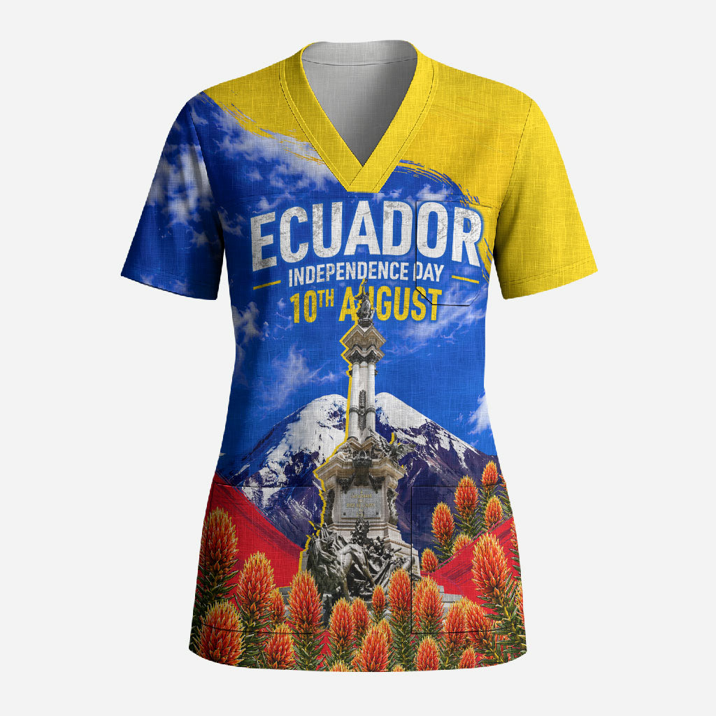 Ecuador Independence Day Scrub Top Patriotic Andean Condor Monument And Mountain