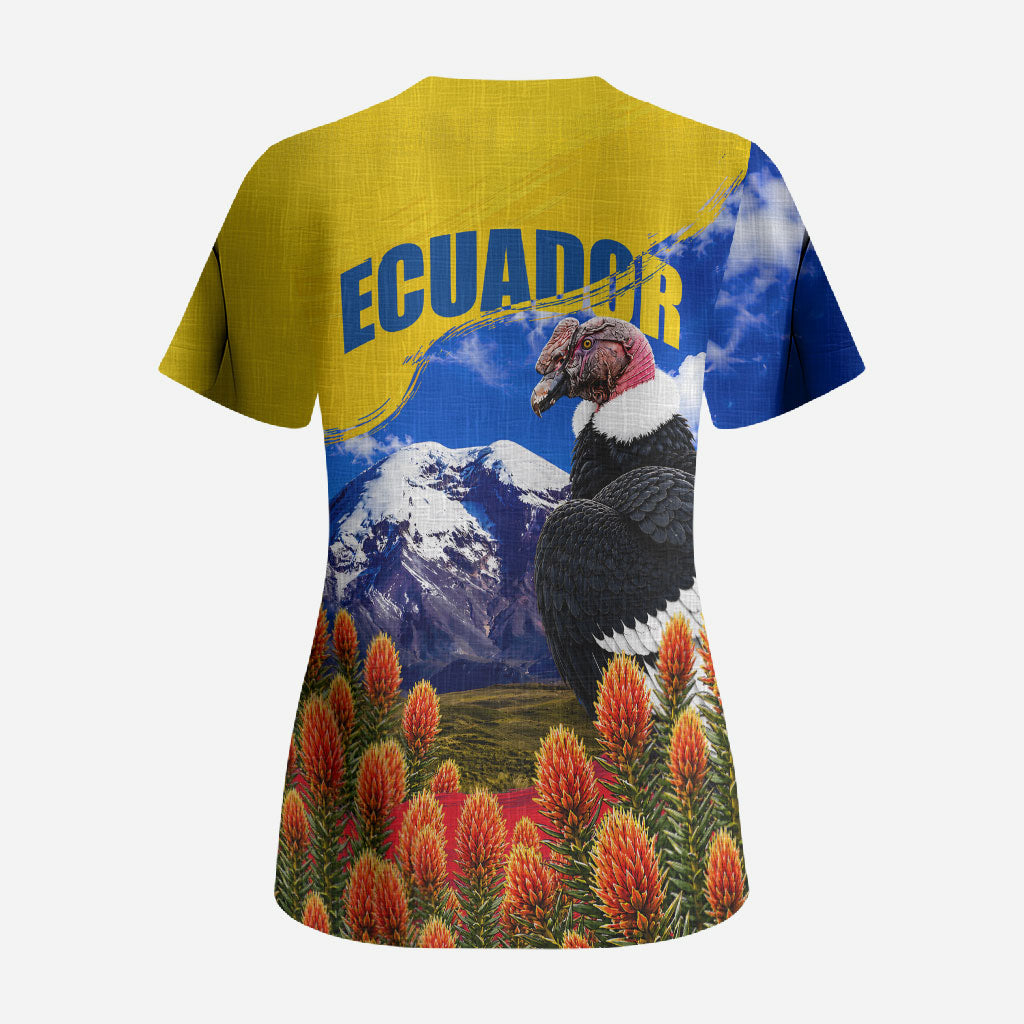 Ecuador Independence Day Scrub Top Patriotic Andean Condor Monument And Mountain