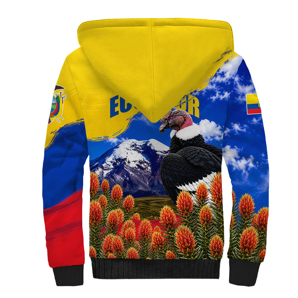 Ecuador Independence Day Sherpa Hoodie Patriotic Andean Condor Monument And Mountain