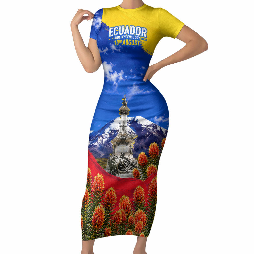 Ecuador Independence Day Short Sleeve Bodycon Dress Patriotic Andean Condor Monument And Mountain