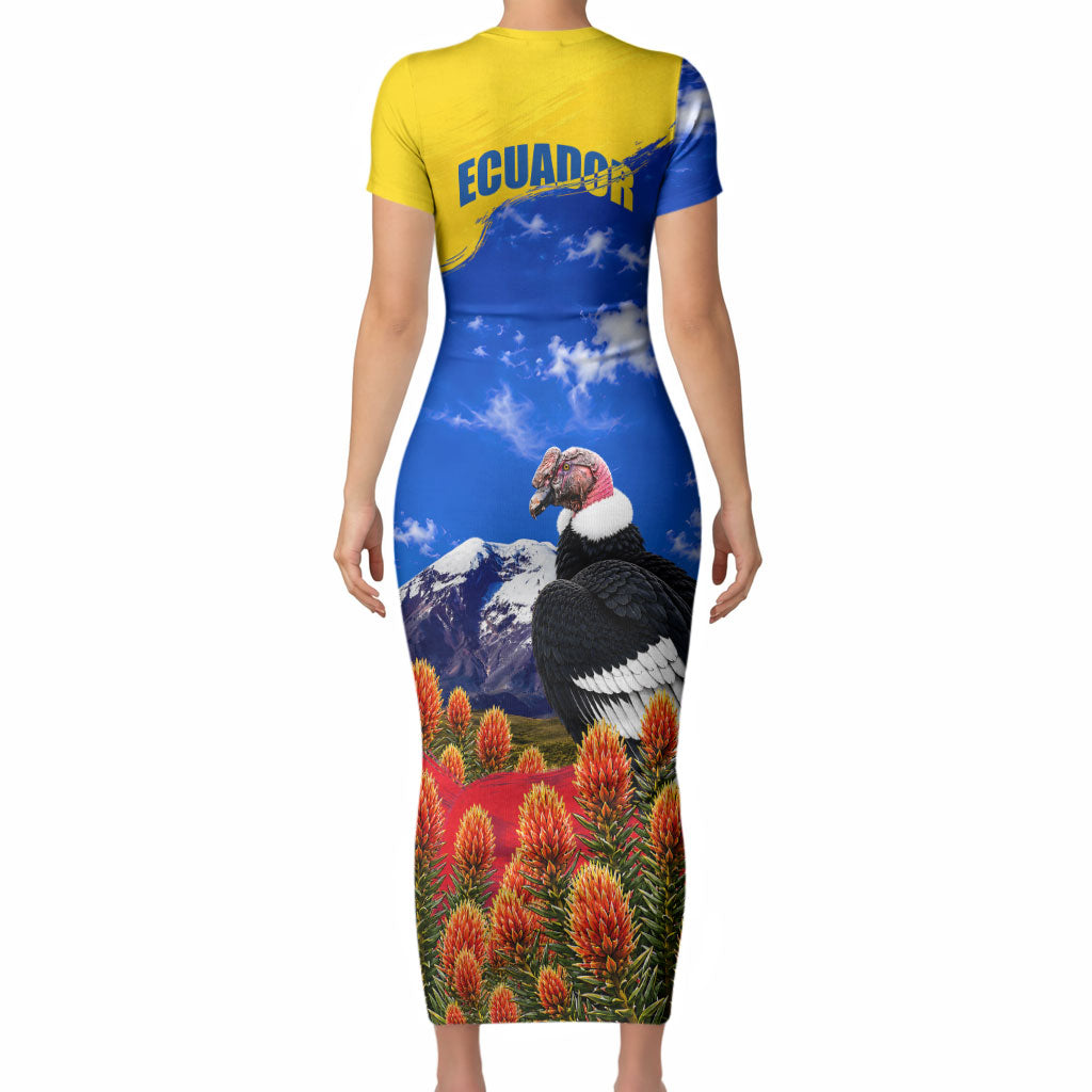 Ecuador Independence Day Short Sleeve Bodycon Dress Patriotic Andean Condor Monument And Mountain