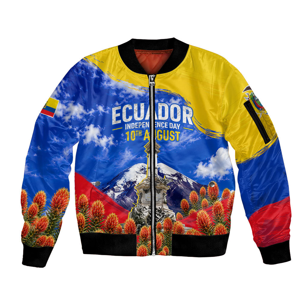 Ecuador Independence Day Sleeve Zip Bomber Jacket Patriotic Andean Condor Monument And Mountain