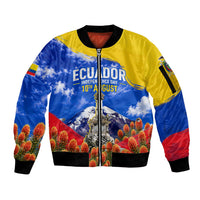 Ecuador Independence Day Sleeve Zip Bomber Jacket Patriotic Andean Condor Monument And Mountain