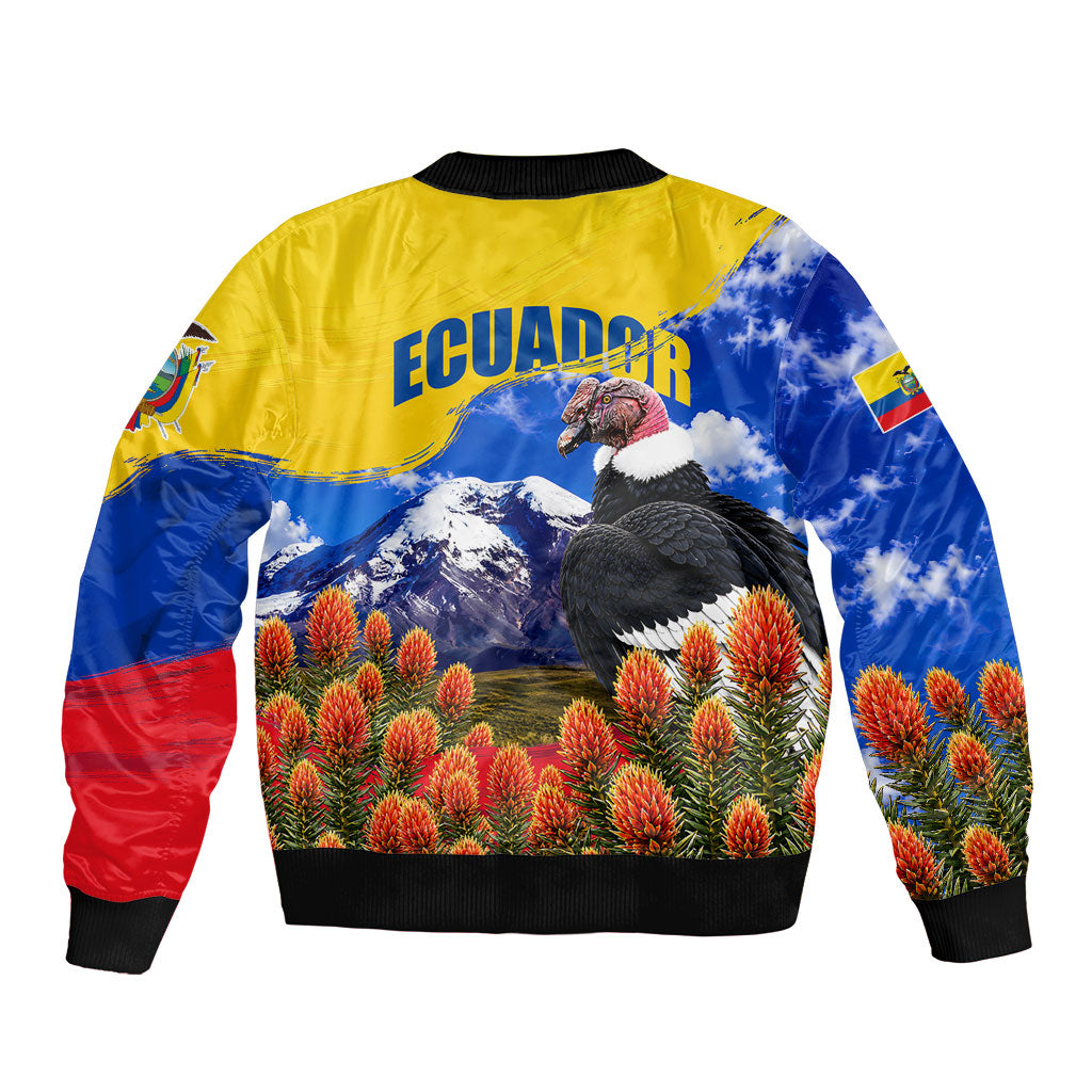 Ecuador Independence Day Sleeve Zip Bomber Jacket Patriotic Andean Condor Monument And Mountain