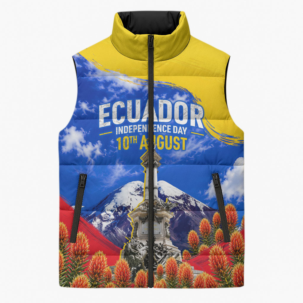 Ecuador Independence Day Sleeveless Puffer Jacket Patriotic Andean Condor Monument And Mountain