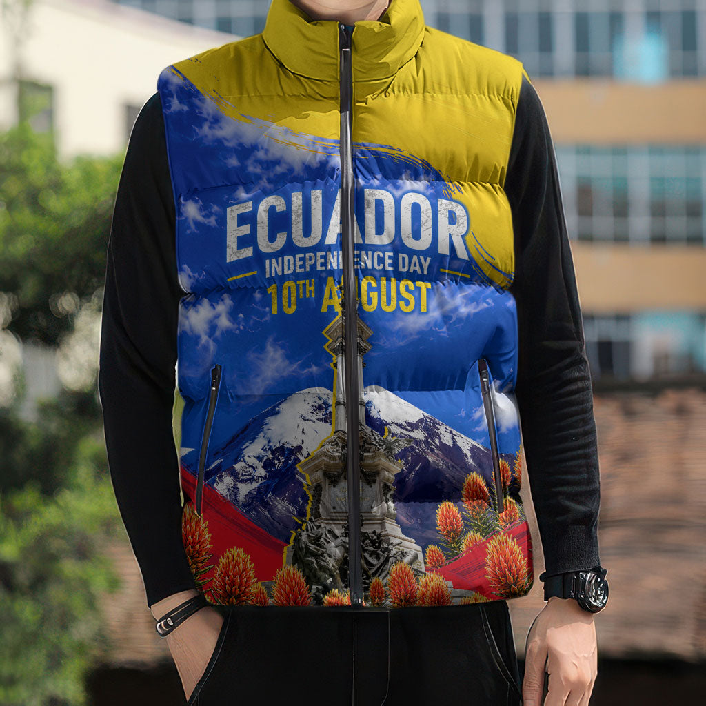 Ecuador Independence Day Sleeveless Puffer Jacket Patriotic Andean Condor Monument And Mountain