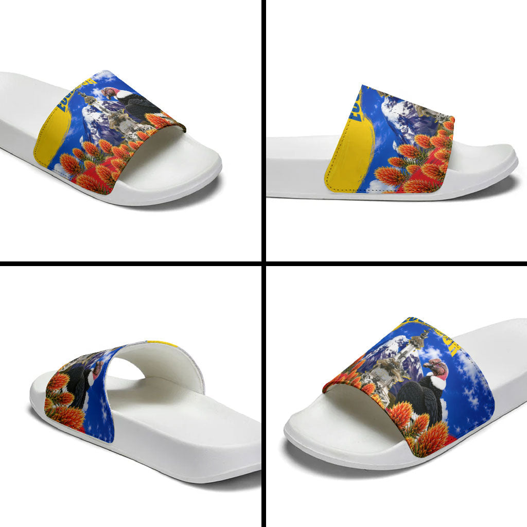 Ecuador Independence Day Slide Sandals Patriotic Andean Condor Monument And Mountain