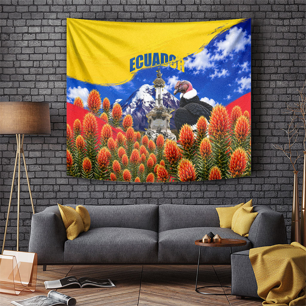 Ecuador Independence Day Tapestry Patriotic Andean Condor Monument And Mountain