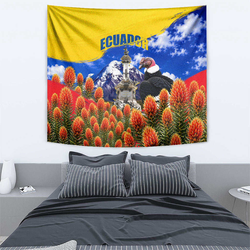 Ecuador Independence Day Tapestry Patriotic Andean Condor Monument And Mountain