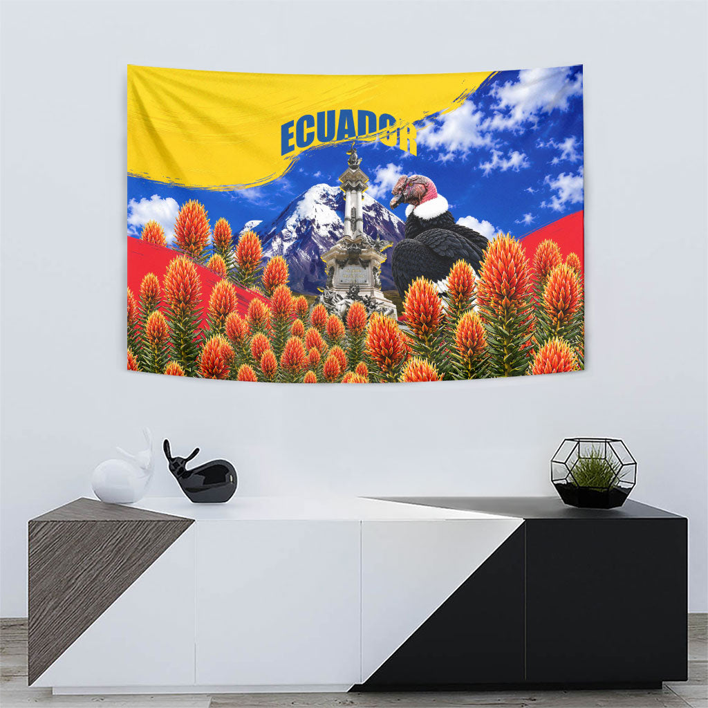 Ecuador Independence Day Tapestry Patriotic Andean Condor Monument And Mountain