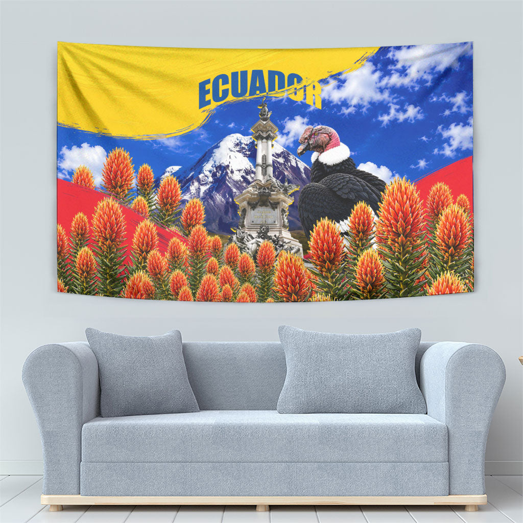 Ecuador Independence Day Tapestry Patriotic Andean Condor Monument And Mountain