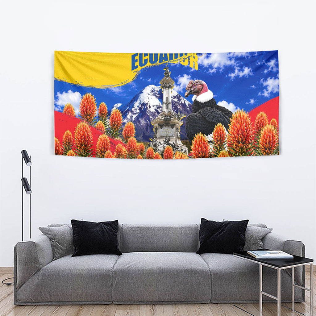 Ecuador Independence Day Tapestry Patriotic Andean Condor Monument And Mountain