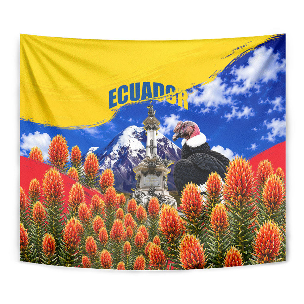 Ecuador Independence Day Tapestry Patriotic Andean Condor Monument And Mountain