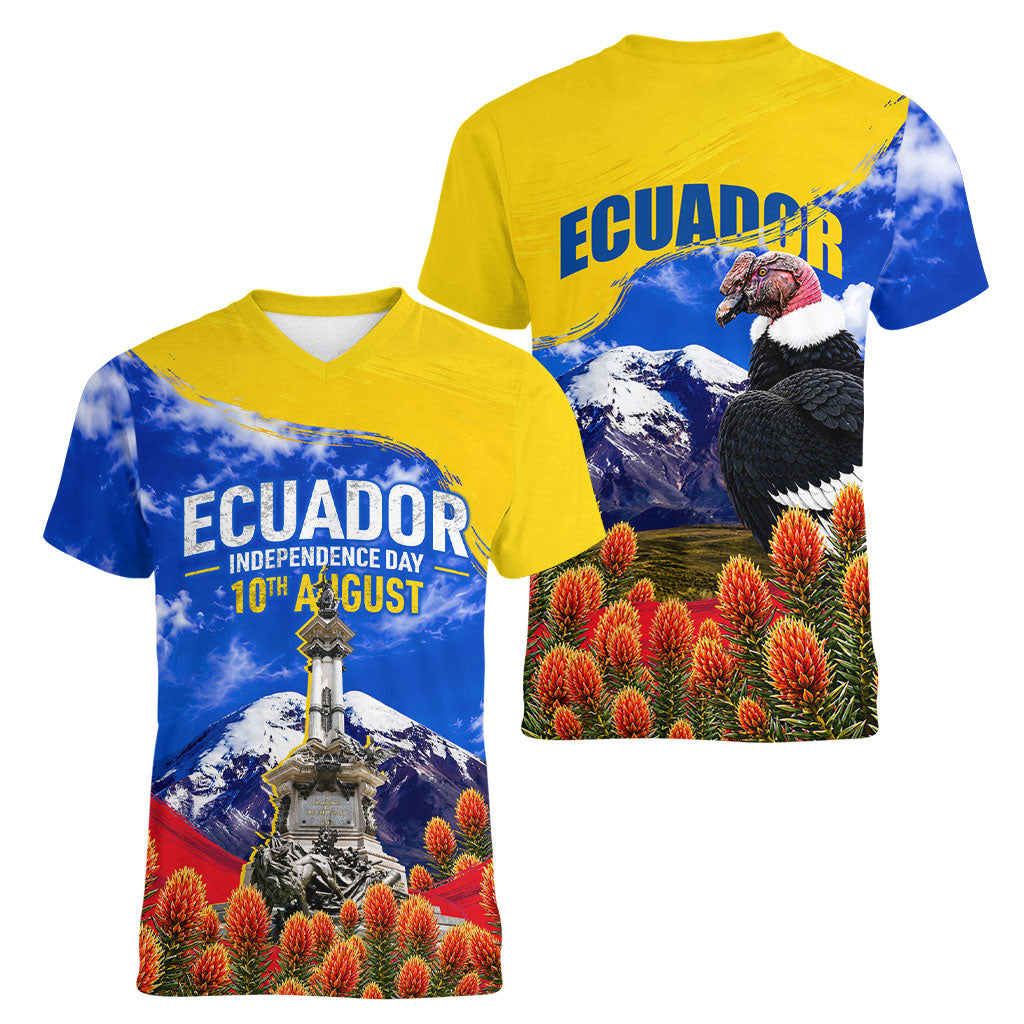 Ecuador Independence Day Women V-Neck T-Shirt Patriotic Andean Condor Monument And Mountain