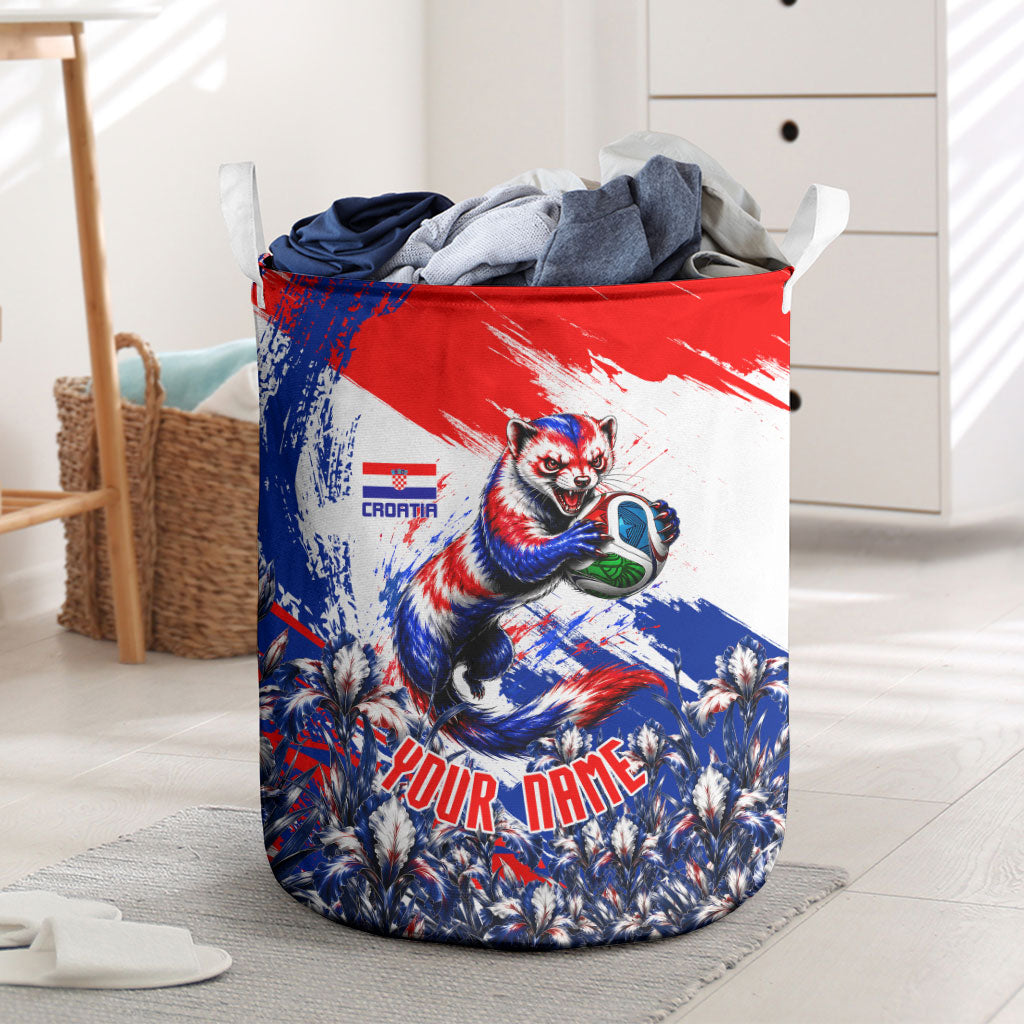 Personalized Croatia Marten Soccer Laundry Basket Croatian Flag Abstract Brush Stroke