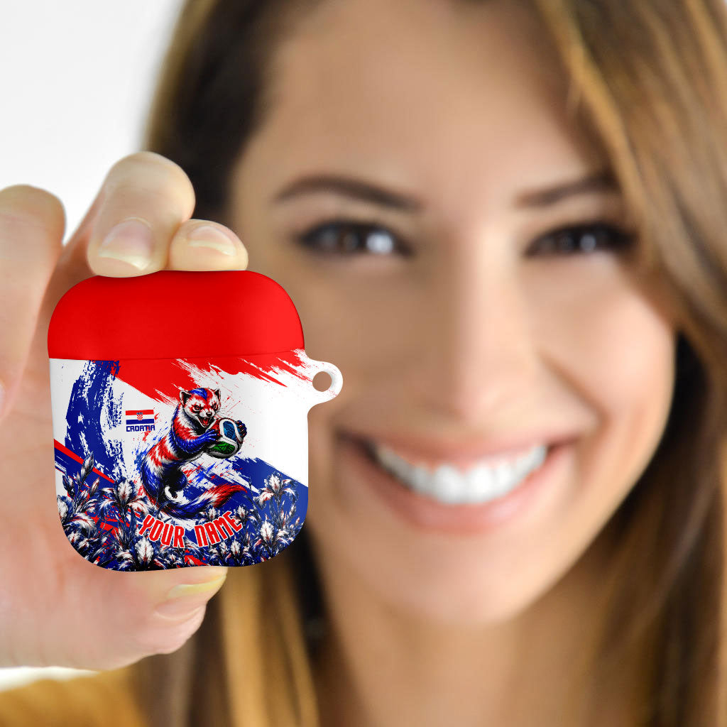 Personalized Croatia Marten Soccer AirPods Case Croatian Flag Abstract Brush Stroke