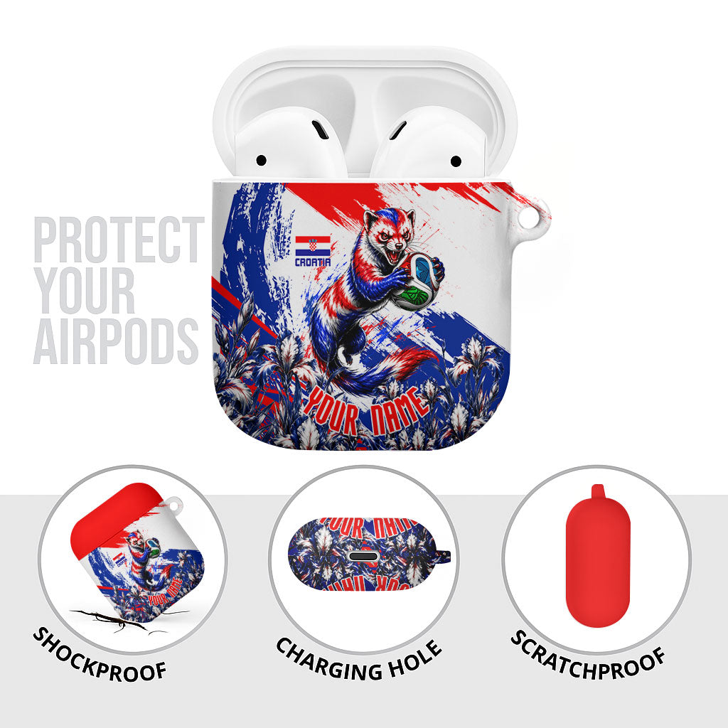 Personalized Croatia Marten Soccer AirPods Case Croatian Flag Abstract Brush Stroke