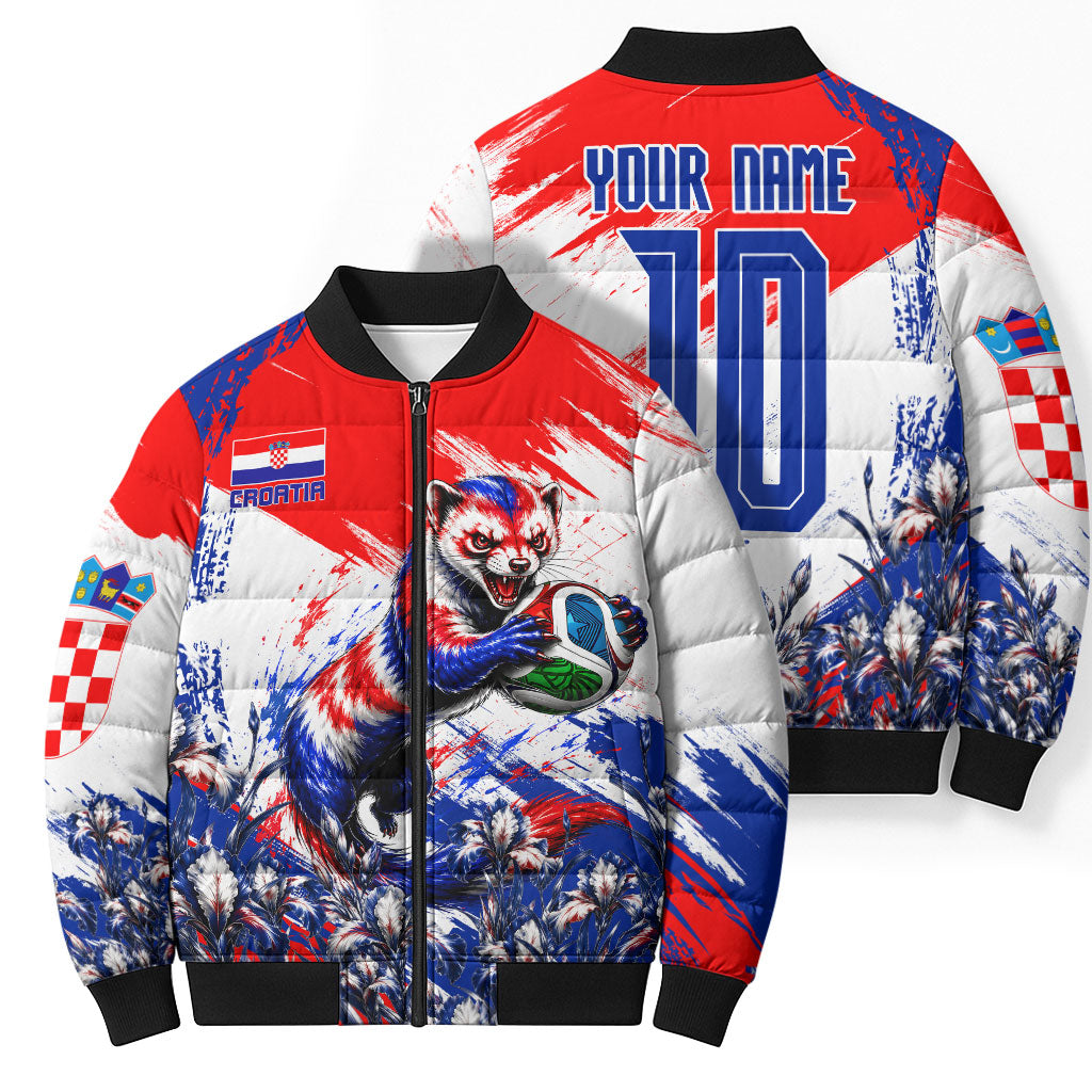 Personalized Croatia Marten Soccer Bomber Puffer Jacket Croatian Flag Abstract Brush Stroke