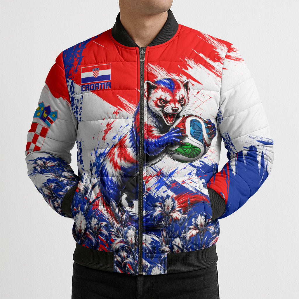 Personalized Croatia Marten Soccer Bomber Puffer Jacket Croatian Flag Abstract Brush Stroke