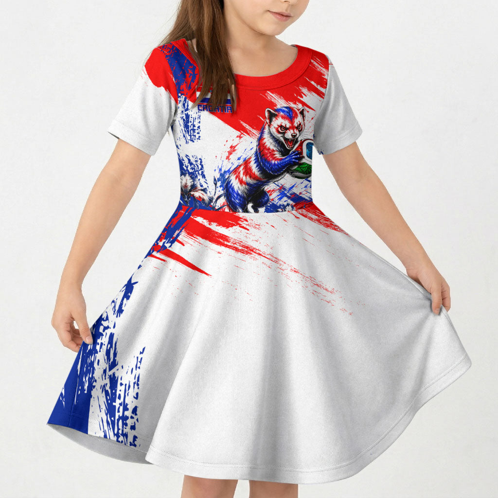 Personalized Croatia Marten Soccer Kid Short Sleeve Dress Croatian Flag Abstract Brush Stroke