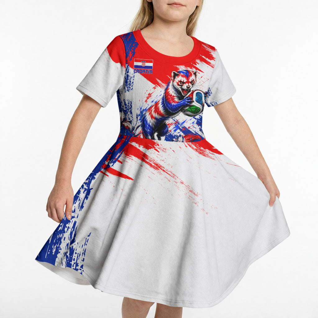 Personalized Croatia Marten Soccer Kid Short Sleeve Dress Croatian Flag Abstract Brush Stroke