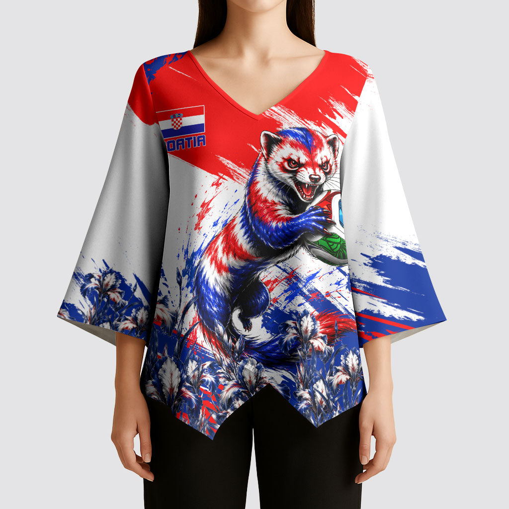Personalized Croatia Marten Soccer Kimono Sleeve Blouse Croatian Flag Abstract Brush Stroke