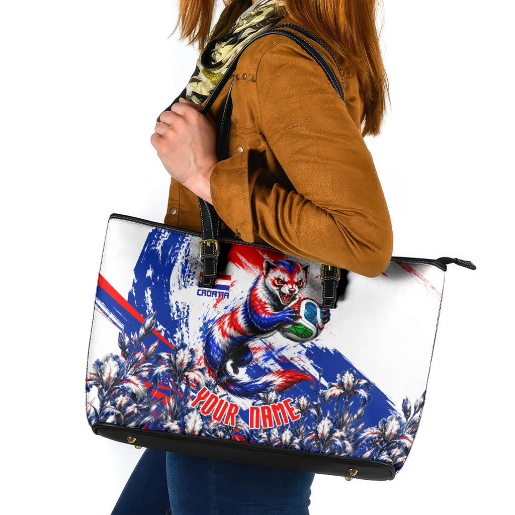 Personalized Croatia Marten Soccer Leather Tote Bag Croatian Flag Abstract Brush Stroke