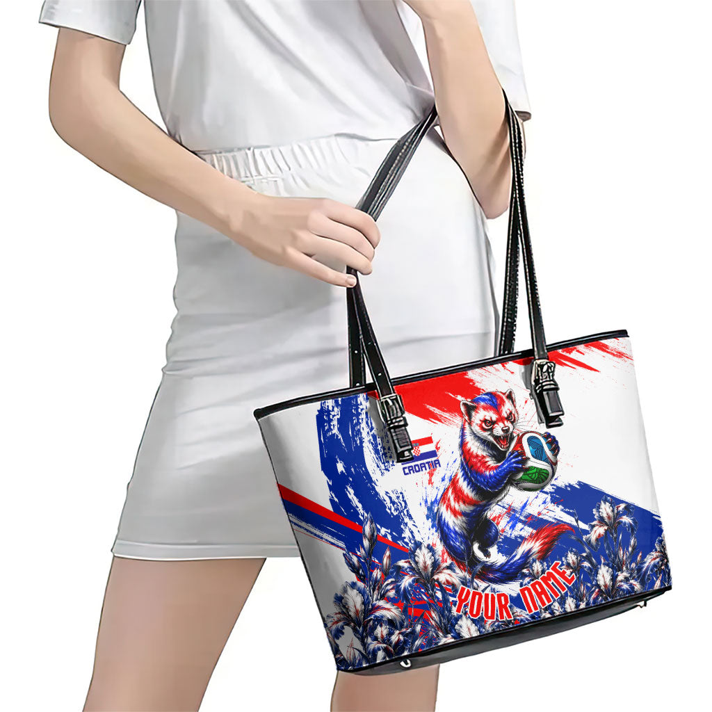 Personalized Croatia Marten Soccer Leather Tote Bag Croatian Flag Abstract Brush Stroke