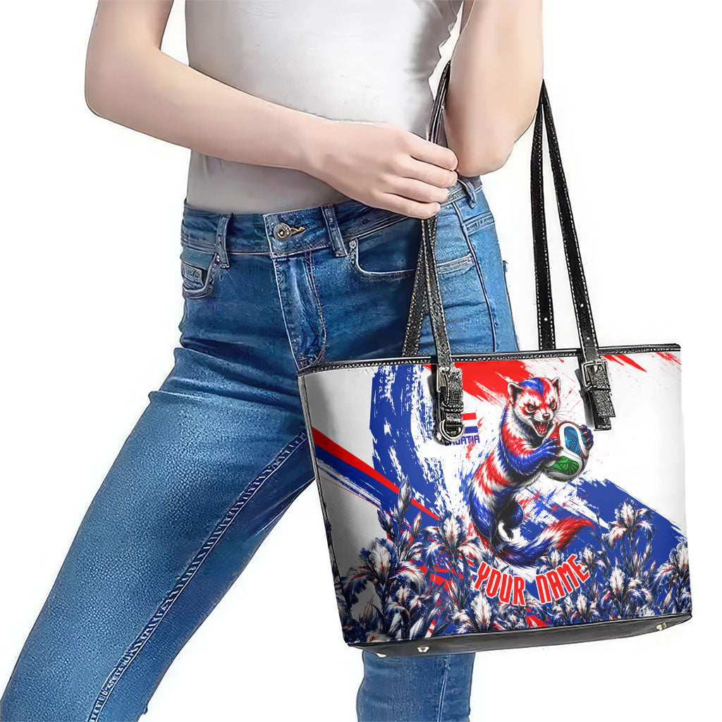 Personalized Croatia Marten Soccer Leather Tote Bag Croatian Flag Abstract Brush Stroke