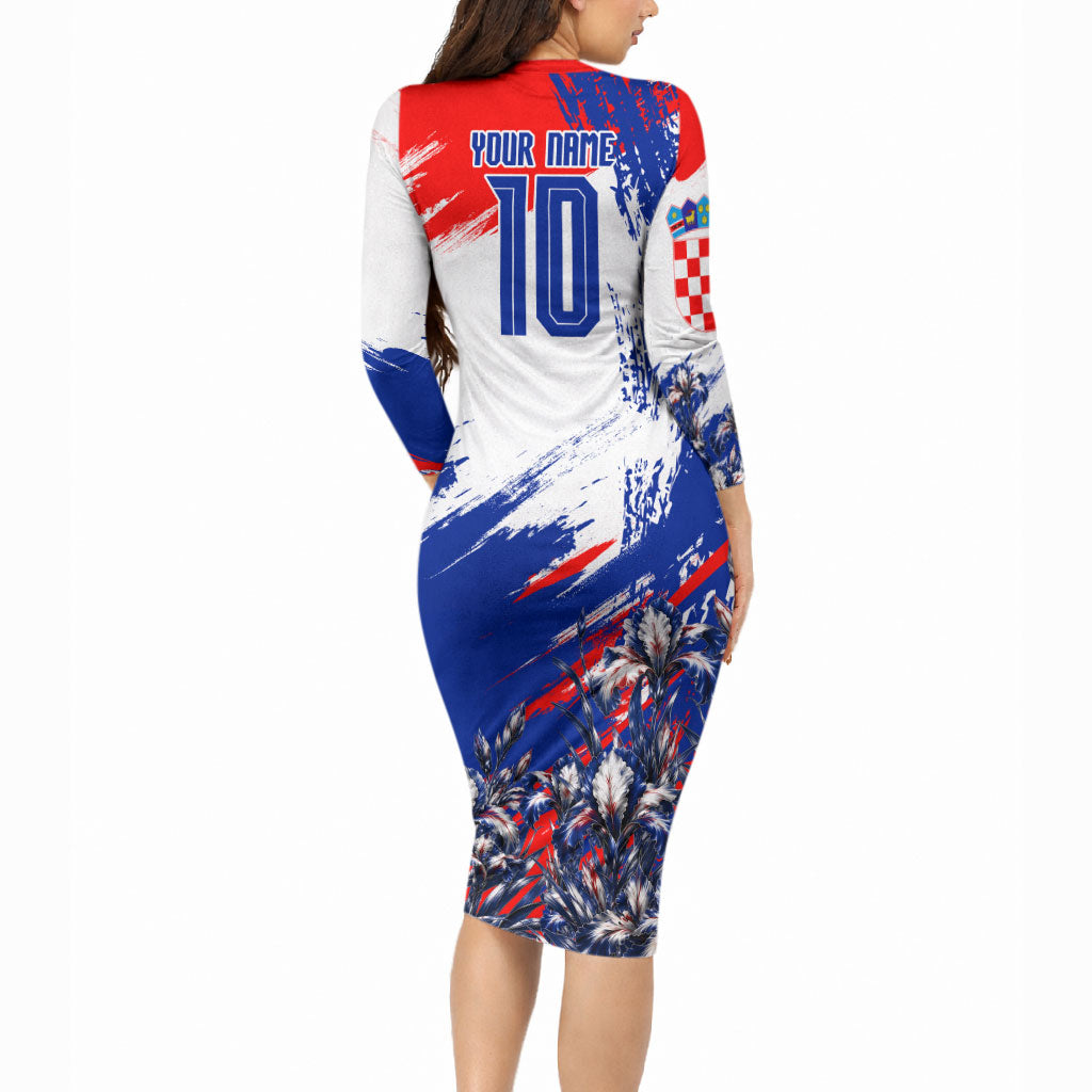 Personalized Croatia Marten Soccer Long Sleeve Bodycon Dress Croatian Flag Abstract Brush Stroke