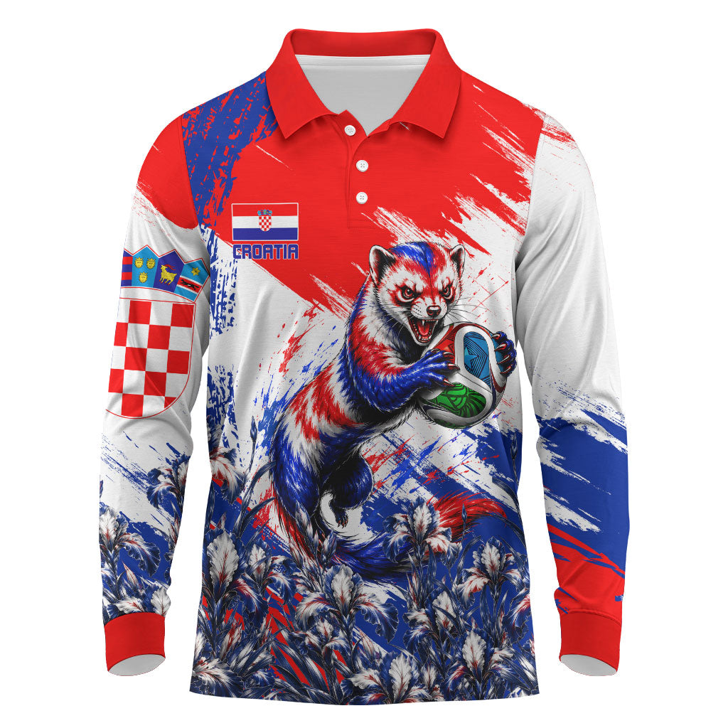 Personalized Croatia Marten Soccer Long Sleeve Polo Shirt Croatian Flag Abstract Brush Stroke