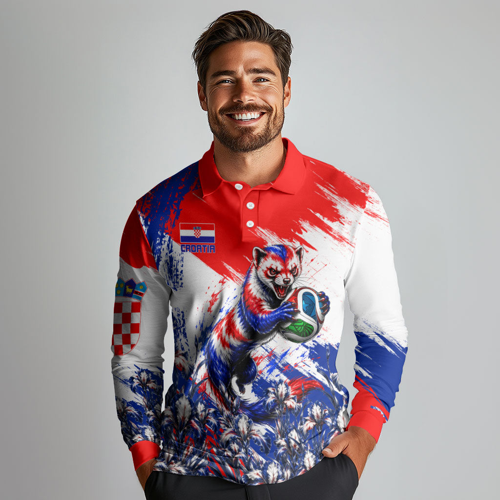 Personalized Croatia Marten Soccer Long Sleeve Polo Shirt Croatian Flag Abstract Brush Stroke