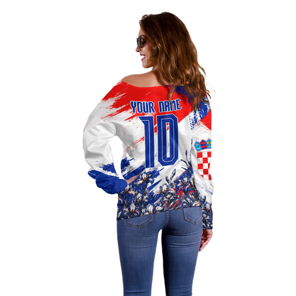 Personalized Croatia Marten Soccer Off Shoulder Sweater Croatian Flag Abstract Brush Stroke