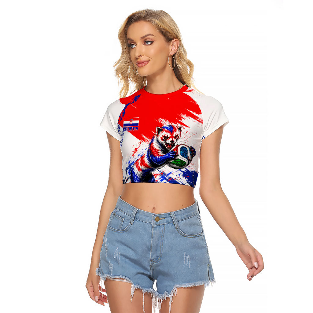 Personalized Croatia Marten Soccer Raglan Cropped T Shirt Croatian Flag Abstract Brush Stroke