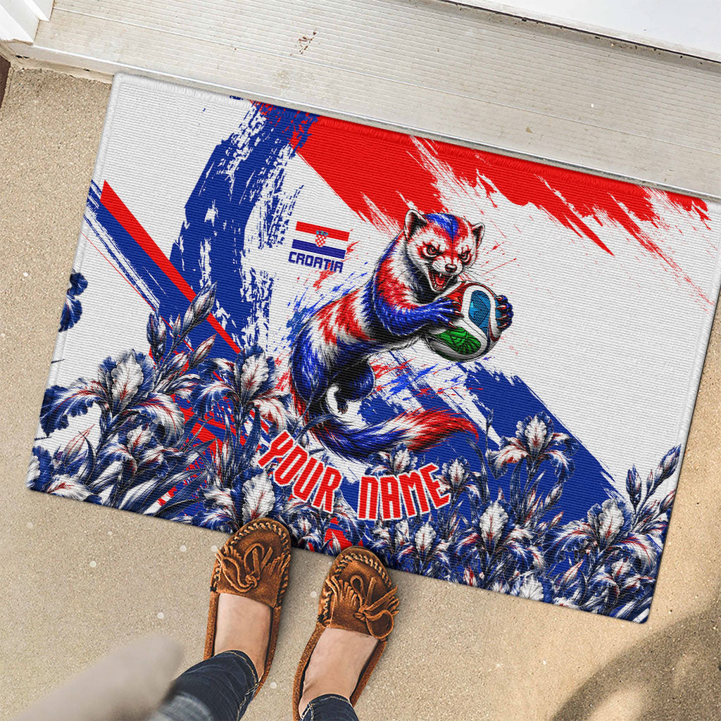 Personalized Croatia Marten Soccer Rubber Doormat Croatian Flag Abstract Brush Stroke