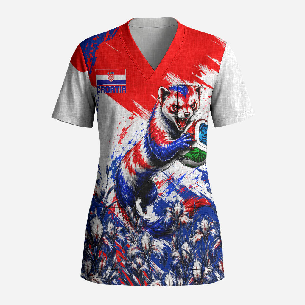 Personalized Croatia Marten Soccer Scrub Top Croatian Flag Abstract Brush Stroke