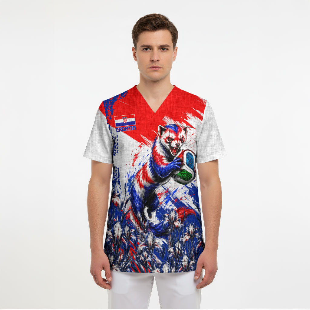 Personalized Croatia Marten Soccer Scrub Top Croatian Flag Abstract Brush Stroke
