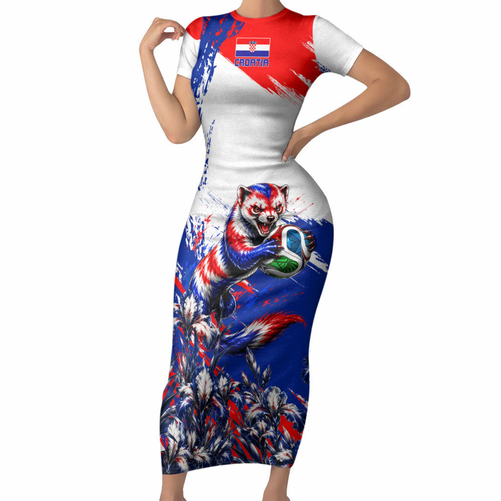 Personalized Croatia Marten Soccer Short Sleeve Bodycon Dress Croatian Flag Abstract Brush Stroke