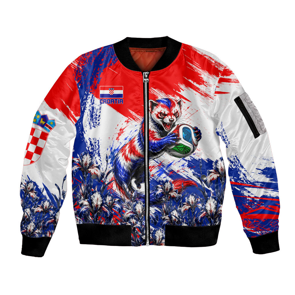 Personalized Croatia Marten Soccer Sleeve Zip Bomber Jacket Croatian Flag Abstract Brush Stroke