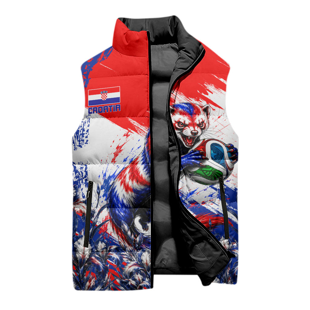 Personalized Croatia Marten Soccer Sleeveless Puffer Jacket Croatian Flag Abstract Brush Stroke