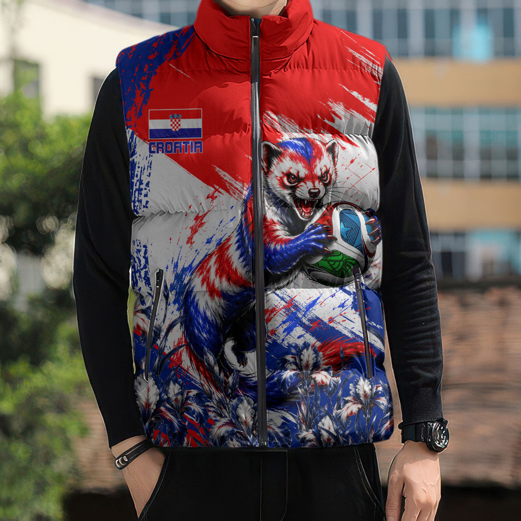 Personalized Croatia Marten Soccer Sleeveless Puffer Jacket Croatian Flag Abstract Brush Stroke