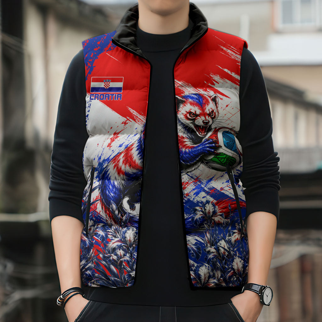 Personalized Croatia Marten Soccer Sleeveless Puffer Jacket Croatian Flag Abstract Brush Stroke